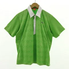 プーマ PUMA ポロシャツ 半袖 ハーフジップ ロゴ刺繍 速乾 総柄 グリーン 緑 ホワイト 白 O