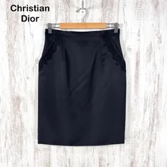 美品 Christian Dior クリスチャンディオール レース ウールブレンド 光沢 ひざ丈タイトスカート ブラック 大きいサイズ