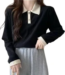 YasYouRi ポロニット レディース ロングスリーブ リブ編み オフィスカジュアル 長袖 春 秋 襟付き 通勤 カットソー ポロシャツ 韓国 (ブラック,  2XL)