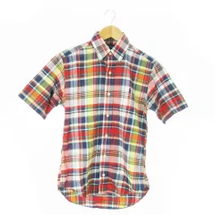 ラルフローレン RALPH LAUREN ボタンダウンシャツ 半袖 コットン チェック 総柄 ポニーロゴ刺繍 S 紺 ネイビー /AO18 ■GY44