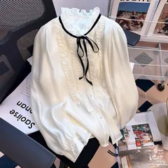 ボウタイ ブラウス シフォン シャツ フリル襟 長袖 即購入OK シャツブラウス 立ち襟 リボンタイ リボンシャツ スタンドカラー かわいい 長袖ブラウス インナー 前開き きれいめ トップス