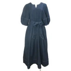 ナイスクラップ NICE CLAUP ナチュラルクチュール naturalcouture 24SS ランタンスリーブワンピース ロング ベルト付き 5分袖 キーネック S インディゴブルー /X