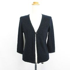 ニューヨーカー NEWYORKER ニット カーディガン 七分袖 Vネック ラメ ビジュー ウール混 M ブラック ※EKM