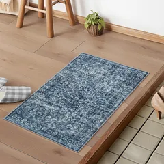 【数量限定】防音 ラグマット 吸水 屋外 滑り止め 泥落とし おしゃれ バスマット アンティーク ふわふわ 長方形 小さい 防臭 オールシーズン適用 50х80cm 軽量 ペルシャ風 ヴィンテージ風 洗える 室内 花柄 玄関マット ブルー HAOCOOのサムネイル