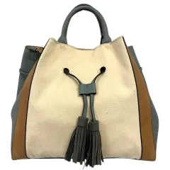 TRIDEEP ハンドバッグ トートバッグ ショルダーバッグ 2WAY ポーチ付き フリンジ キャンバス 無地 マグネット開閉 白 ホワイト 茶 ブラウン 水色