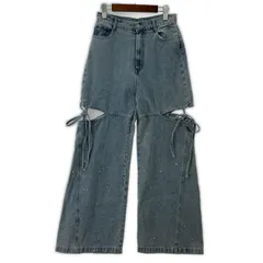 美品  MAJESTIC LEGON マジェスティックレゴン タグ付き サイドスリット ビジューパンツ sizeL/サックス