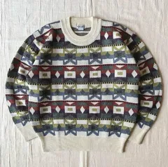 90s　vintage　ヴィンテージ古着　幾何学柄　ネイティブ柄　マルチカラー　ジャガード織り　ハイゲージ編み　3Dニット　セーター　一点物　M　Y2K　C-BOY　アウトドア　geometric × native pattern 3D design knit