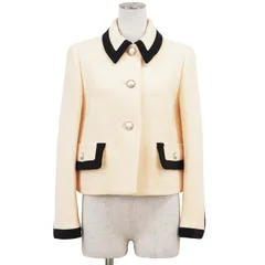 【極美品】Miu Miu ミュウ ミュウ ジャケット サイズ 40 レディース 2018年製 ライトメルトン ショートレングス フェイクパール × クリスタルビジュー ボタン バージンウール100% 短丈 アウター タグ・ボタン付属 アイボリー ネイビー 紺のサムネイル