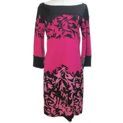 ダイアンフォンファステンバーグ DIANE von FURSTENBERG シルクジャージー ワンピース ひざ丈 7分袖 ボートネック リーフ柄 4 M相当 ブラック ピンク系 /X