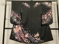 平和屋着物[]七五三　女の子　７歳　祝着　四つ身　鞠花文　黒地　金銀彩　洗える着物　DABA3993ma