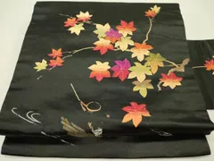 平和屋着物●アンティーク　大正ロマン　九寸名古屋帯　総手刺繍　枝楓文　黒地　金糸　正絹　逸品　DABD0271op