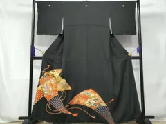 平和屋着物■豪華黒留袖　駒刺繍　扇面御所車人物文　金彩　正絹　逸品　CABE6066fb