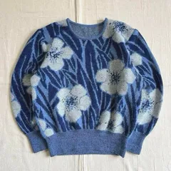 80s　vintage　ヴィンテージ古着　大判フラワーモチーフ　全面花柄　総柄デザイン　短丈ジャガードニット　ハイゲージ編みセーター　濃淡ブルー系　L　レトロ　フェアリーグランジ　サブカル　一点物　big flower design jacquard knit