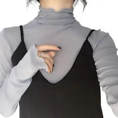 [PALAME] シアー トップス 総レース シースルー レディース 春 秋 肌見せ・重ね着・着回し力 高伸縮 ブラウス チュール メロー加工 ハイネック インナー 軽量 薄手 長袖 花柄 春 夏 秋 (無地ーライトグレー) 0