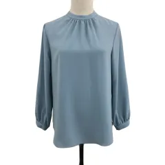 セオリー Theory ブラウス シャツ プルオーバー バンドカラー ギャザー 無地 長袖 S 水色 ライトブルー