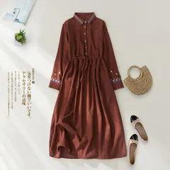 コーデュロイ 即購入OK ワンピース レディース 刺繍 花柄 ロングワンピース 長袖 ゆったり ウエストリボン 春 秋 冬 レトロ きれいめ エスニック 着回し 通勤 オフィス エレガント 大人 カジュアルmin#