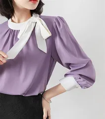ボウタイブラウス 新作 レディース 長袖 シャツ ブラウス ボウタイ シャツブラウス とろみシャツ 無地 トップス プルオーバー シフォン デザインmin#