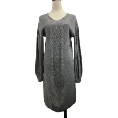 エージーバイアクアガール AG by aquagirl ワンピース ニット Iライン ミニ プルオーバー Vネック ケーブル編み リブ メランジ 長袖 M グレー