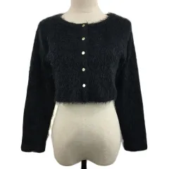 キューティービューティー CUTIE BEAUTY カーディガン ニット ラウンドネック シャギー ショート 無地 長袖 MP 黒 ブラック