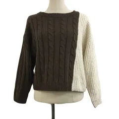 グレイル GRL セーター ニット プルオーバー ラウンドネック 切替 ケーブル編み リブ 長袖 F 茶 白 ブラウン ホワイト