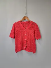 パールボタン レッド 編み カーディガン s
