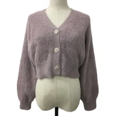 アールピーエス r.p.s カーディガン ニット Vネック ショート ナイロン シャギー 無地 長袖 F 紫 ラベンダー パープル