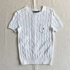 00s　archive　Polo by Ralph Lauren　ポロラルフローレン　ケーブル編み　半袖サマーニット　ピマコットン　ワンポイントポニーロゴ刺繍　胸ポケット　ホワイト　S　アメカジ　Y2K　平成ギャル　PIMA cotton cable knit