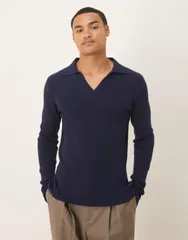 エイソス メンズ トップス ポロシャツ ニット ASOS DESIGN muscle fit long sleeve compact knit notch neck polo shirt NAVY ネイビー