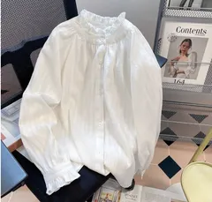 フリル襟 ブラウス レディース 未使用 長袖 シャツ スタンドカラー フリル シャツブラウス 前開き 立ち襟 白シャツ トップス インナー フリル袖 長袖ブラウス ハイネック フリルブラウス 大人 可愛い
