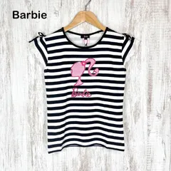 新品未使用 美品 Barbie バービー スパンコール ロゴ ボーダー 総柄 肩リボン レース Tシャツ ブラック レディース 半袖 トップスのサムネイル