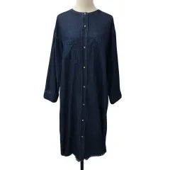 シューラルー SHOO・LA・RUE ワンピース シャツワンピ Iライン ロング デニム カットオフ 無地 長袖 LL 紺 ネイビー