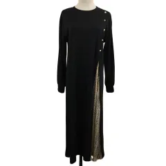 ブージュルード Bou Jeloud ワンピース フレア ロング プルオーバー レイヤード風 カットソー 切替 プリーツ アニマル柄 長袖 38 黒 ベージュ ブラック