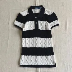 完売品　archive　Polo by Ralph Laulen　ポロラルフローレン　ケーブル編み　半袖コットンニット　ポロニット　太ボーダー柄　白黒　ワンポイントポニーロゴ刺繍　XS　Y2K　平成　Slim Fit Cable-Knit Polo Shirt