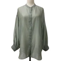 チャオパニック ティピー CIAOPANIC TYPY シャツ ブラウス バンドカラー シアー 透け感 無地 スリット パフスリーブ 長袖 ONE 緑 グリーン