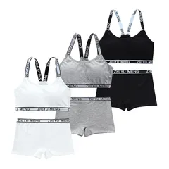 【新品】 [FARFADET] スポーツブラ ボクサー パンツ ハーフトップ ジュニア ブラジャー カップ付き 上下セット インナー ガールズ 3色組 ノンワイヤー ボクサーパンツ 揺れない 通気性 速乾 制服 成長期 快適 肌触り 女児 部活 小学生 中学生