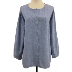 サマンサモスモス SM2 シャツ ブラウス ノーカラー ストライプ リネン混 長袖 F 青 白 ブルー ホワイト