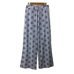 レイカズン Ray cassin ルームウェア パンツ ワイド ロング ウエストゴム 総柄 F 水色 紺 ライトブルー ネイビー