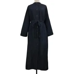 エスティクローゼットフラビシャス S.T. CLOSET FRABJOUS ワンピース シャツワンピ フレア ロング デニム リネン混 リボンベルト 無地 長袖 紺 ネイビー