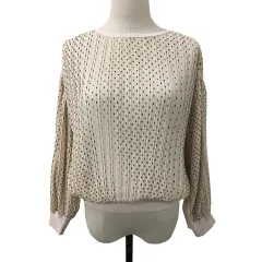 ロペ ROPE カットソー ブラウス ラウンドネック プルオーバー プリーツ 総柄 長袖 38 ベージュ 黒 ブラック