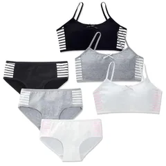 【新品】 [select shop Tomorrow] 下着 ジュニア ブラ ショーツ 3枚 上下 セット 女の子 スポブラ カップ付 シンプル (Dボーダー)