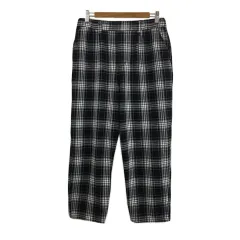スタディオクリップ Studio Clip パンツ テーパード クロップド ウエストゴム チェック リネン混 L 黒 白 ブラック ホワイト