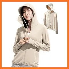 【新品】 [ワン アンブ] uvカット パーカー ラッシュガード レディース 水着 おしゃれ アウター 無地 UPF50 アームカバー 指穴 水陸両用 ベージュ XL 0