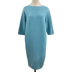 アールアンドエム フェルガナ R&M Fergana ワンピース ニット Iライン ひざ丈 無地 七分袖 S～M 水色 ライトブルー