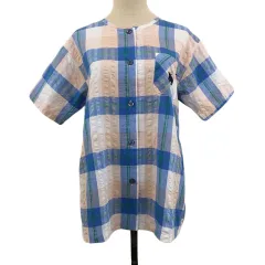 モズ moz ルームウェア パジャマ シャツ ノーカラー チェック ロゴ 刺繍 半袖 M 青 ピンク ブルー