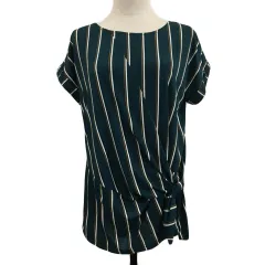 シューラルー SHOO・LA・RUE カットソー プルオーバー ラウンドネック 半袖 ストライプ M 緑 白 グリーン ホワイト