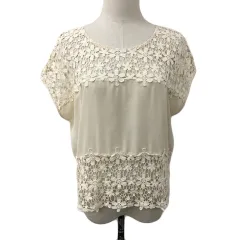 リエンダ rienda カットソー プルオーバー ラウンドネック シフォン レース 切替 透け感 無地 半袖 FREE ベージュ