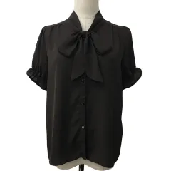 ナイスクラップ NICE CLAUP continuer de NICE CLAUP ブラウス ボウタイ リボン シアー 無地 ギャザー 半袖 茶 ブラウン