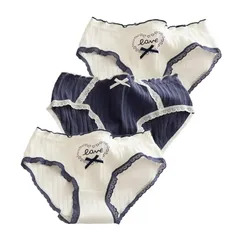 【新品】 [Eukkis] 綿ショーツ ジュニア 3枚セット 女子 学生 コットン かわいい柄 レディース ガールズ パンティー 吸汗通気性 快適な着心地 女性下着 ネイビー レースフリルL