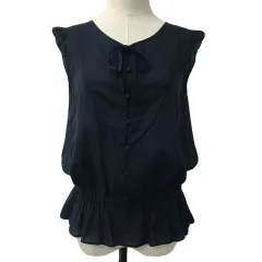 イエナ IENA シャツ ブラウス プルオーバー Vネック リボン フリル 無地 ノースリーブ 紺 ネイビー