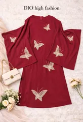 DIO high fashion（ディオ）蝶刺繍 ビジュー ワンピース ドレス 赤 縮緬 ゆったり　DIO ハイファッション 蝶柄 刺繍 ワンピース 赤 ロングワンピース ゆったり 個性的 上品 レディース